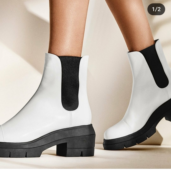 Stuart Weitzman Noxon White Leather Lug Sole Chelsea Boots Chunky Platform - Picture 2 of 4
